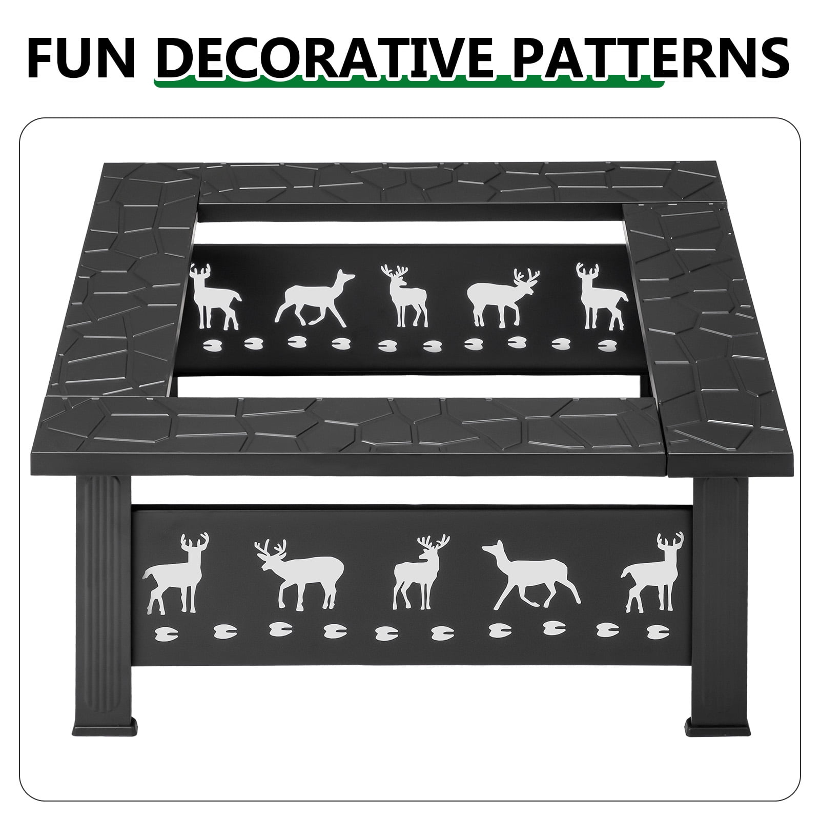 32 Inch Square Outdoor Wood Burning Fire Pit Table, Heavy Duty Wrought Iron Firepit with Pyramid Spark Screen Lid & Fire Poker, Decorative Elk Cutout Patio Fire Pit for Backyard, Garden, Lawn