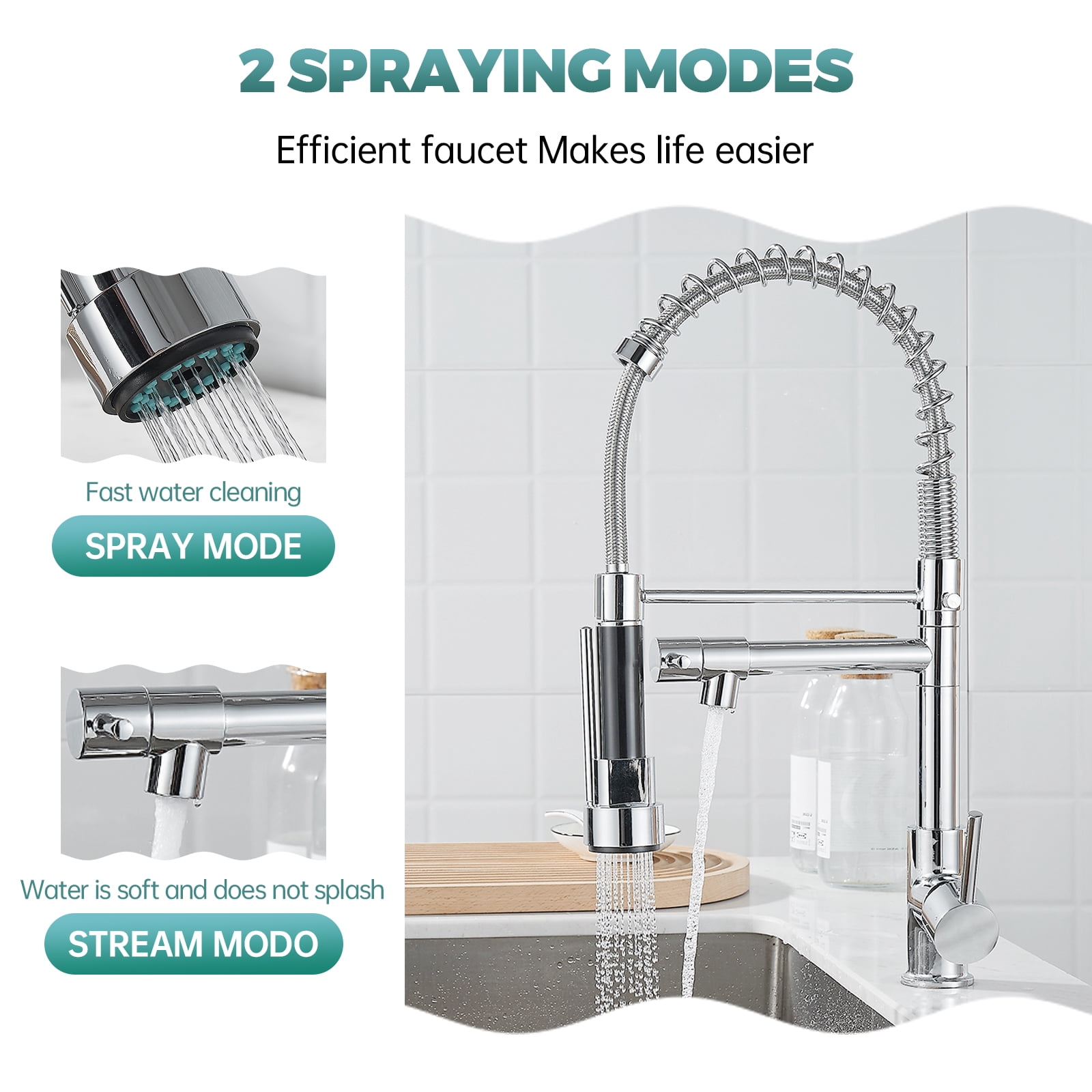 APPASO Kitchen Faucets with  Dual Spout, High Arch Spring Stainless Steel Single Handle Kitchen Faucet, kitchen faucet with two water outlet, Chrome, ‎Bar, Rv