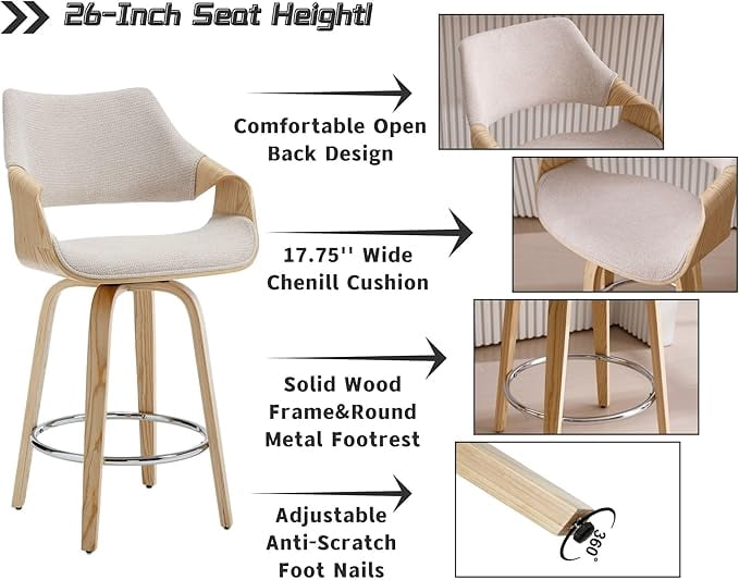 Guyou 26" Swivel Counter Stools Set of 2, Modern Barrel Chenille Kitchen Island Stools, Farmhouse Solid Wood Counter Height Barstools, Bar Height Island Chairs with Back and Wood Frame, Beige