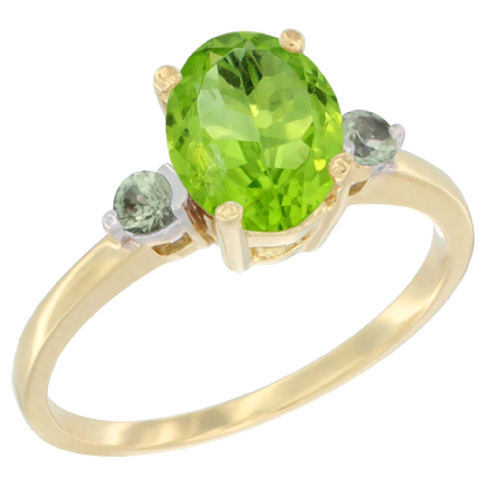 10K Yellow Gold Natural Peridot Ring Oval 9x7 mm Green Sapphire Accent, sizes 5 to 10 by WorldJewels