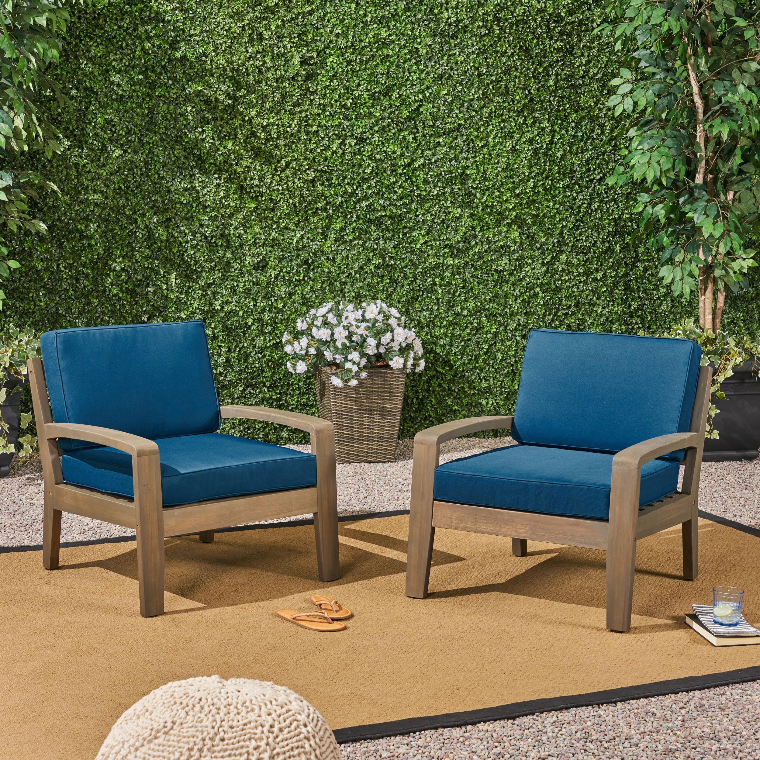 Wilcox Outdoor Acacia Wood Club Chairs with Cushions (Set of 2), Gray