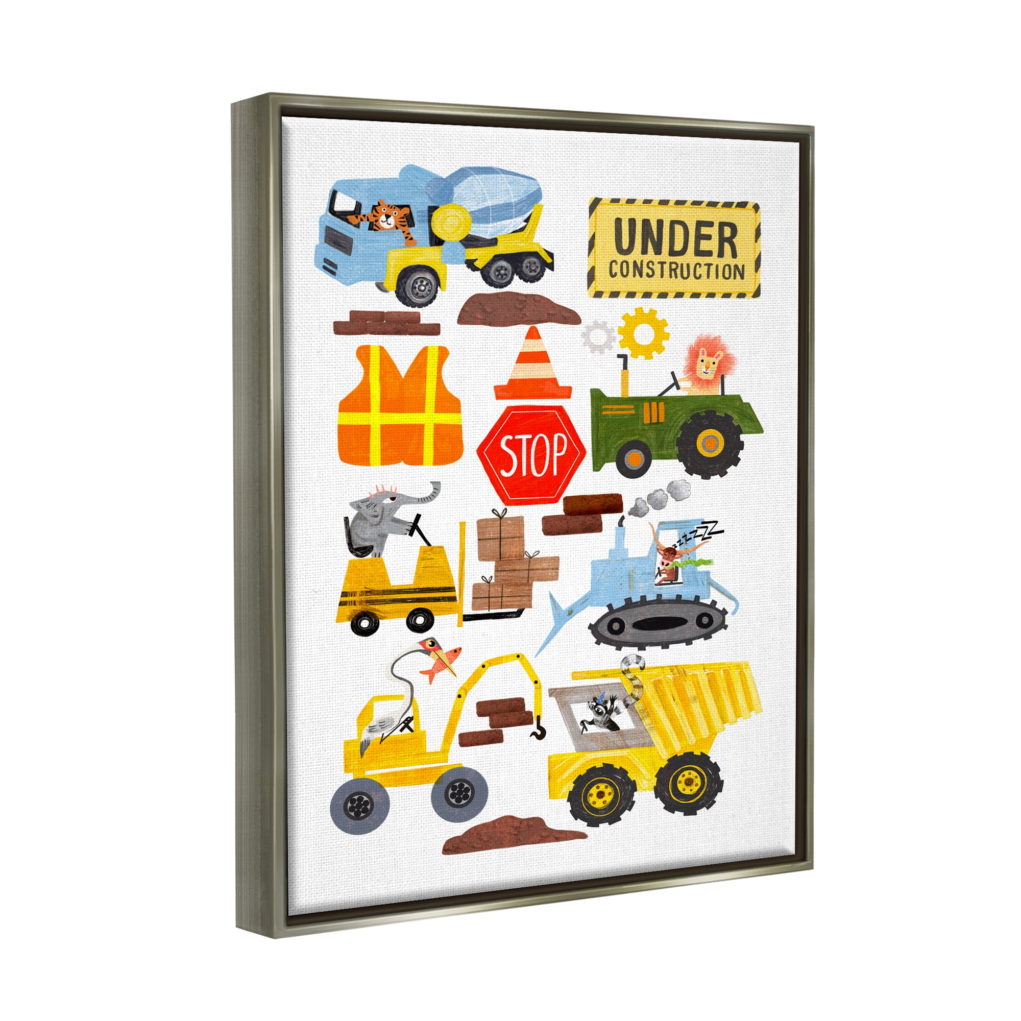 Stupell Industries Construction Vehicles & Animals Transportation Painting Gray Floater Framed Canvas Art Print Wall Art, 25 x 31