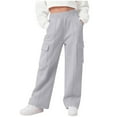 thumbnail image 2 of BiZtdJrK Girl's Cargo Sweatpants Fleece Lined Baggy Wide Leg Pants Solid Color Elastic Waist Workout Trousers with Multi Pockets Gray, 2 of 8