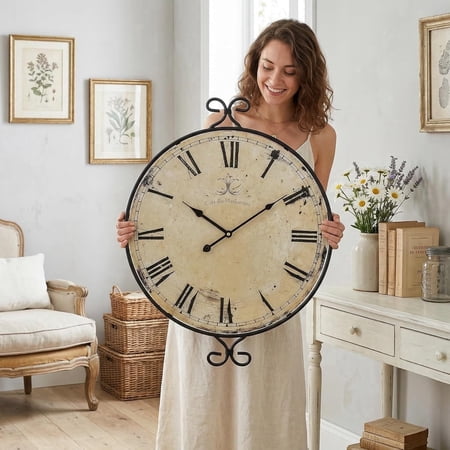 MODE HOME 30 iinch Large Farmhouse Wall Clock, Silent Battery Operated Retro Gold Wrought Iron Clock, Vintage Decorative Timepiece for Home Decor