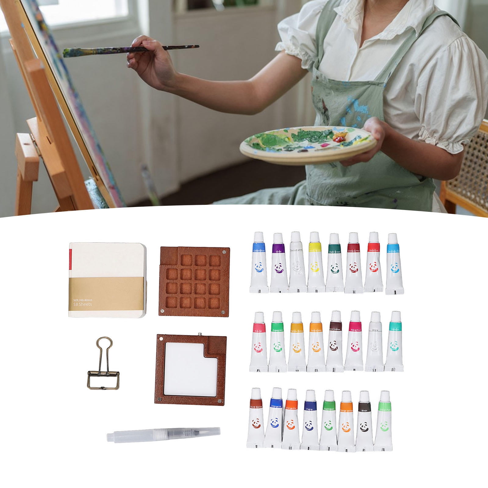 LAZIOEGR Compact 24‑Color Watercolor Palette & Brush Set – Portable Mini Paint Tray with Clip for On‑the‑Go Artists