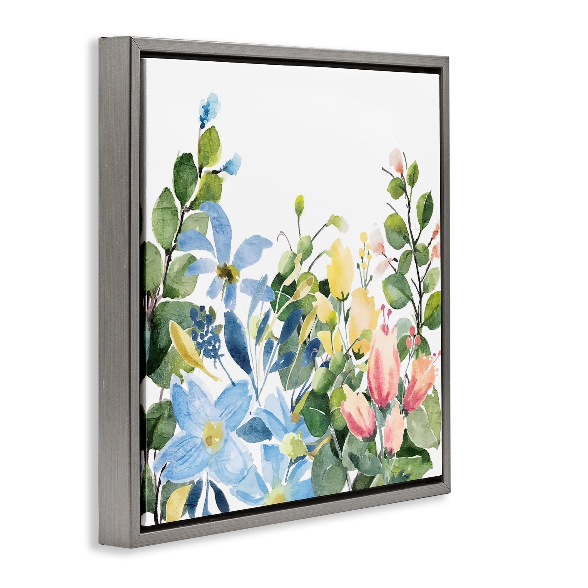 Stupell Industries Leafy Spring Blooms Plants & Flowers Painting Gray Floater Framed Canvas Art Print Wall Art, 25 x 25