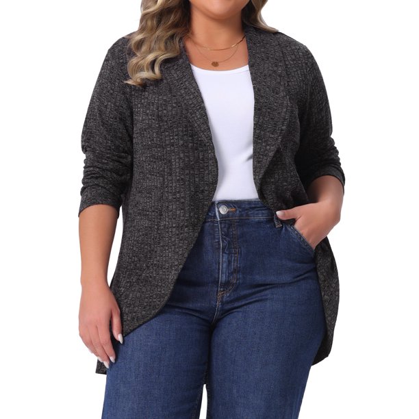 Cárdigan de punto para mujer de tallas grandes Agnes Orinda, con solapa, de manga larga, abierto por delante, con dobladillo irregular, suéter casual suave 3X gris oscuro