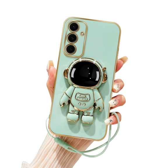 Annyojo for Samsung Galaxy S24 FE Phone Case Cute 6D Astronaut Case with Stand Function,with Lanyard Luxury Plating Case Cover Luxury Case for Galaxy S24 FE Case, Cyan