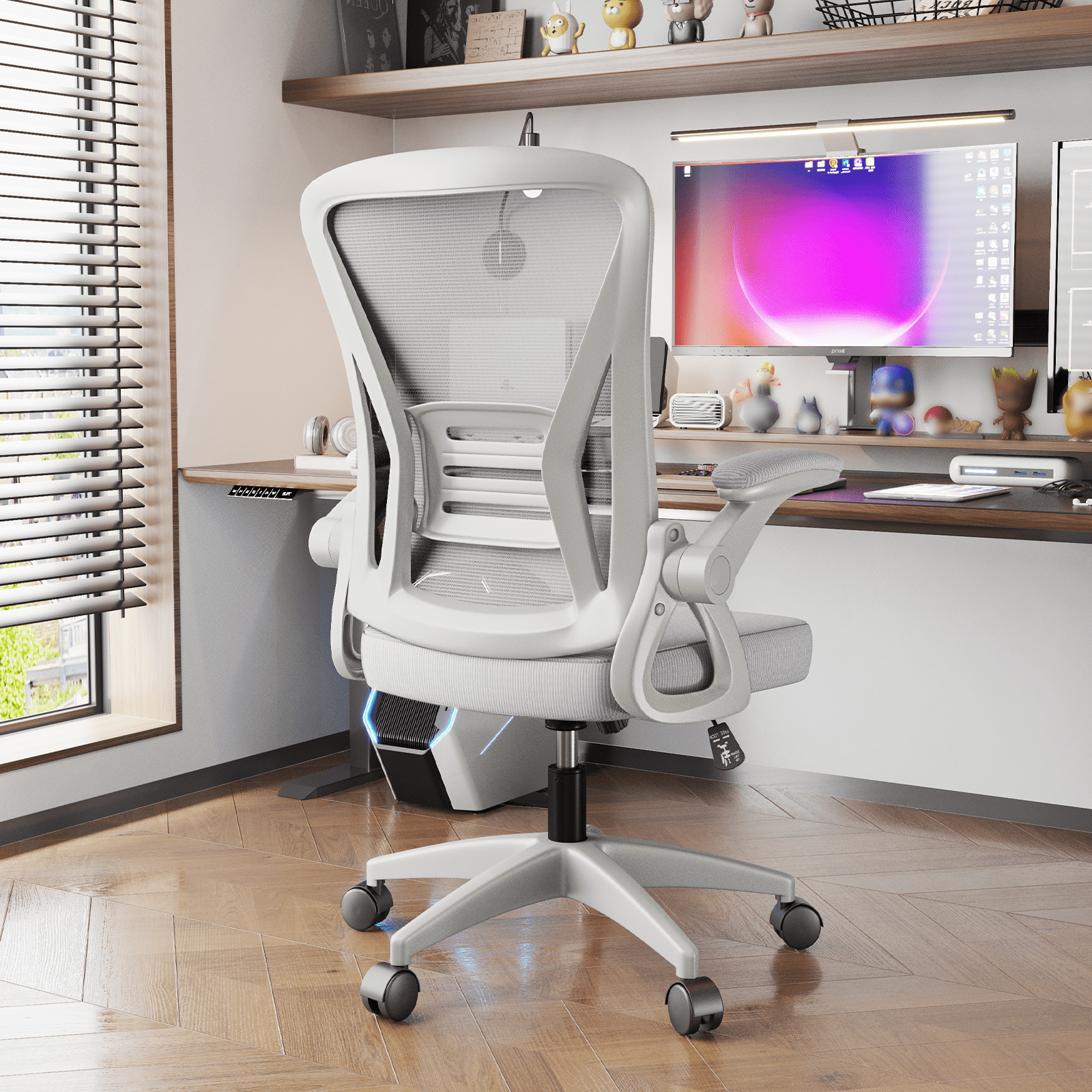Biggzia Ergonomic Office Chair, Mid-Back Computer Chair with Adjustable Height, Flip-Up Arms and Lumbar Support, Mesh Desk Chair, Gray