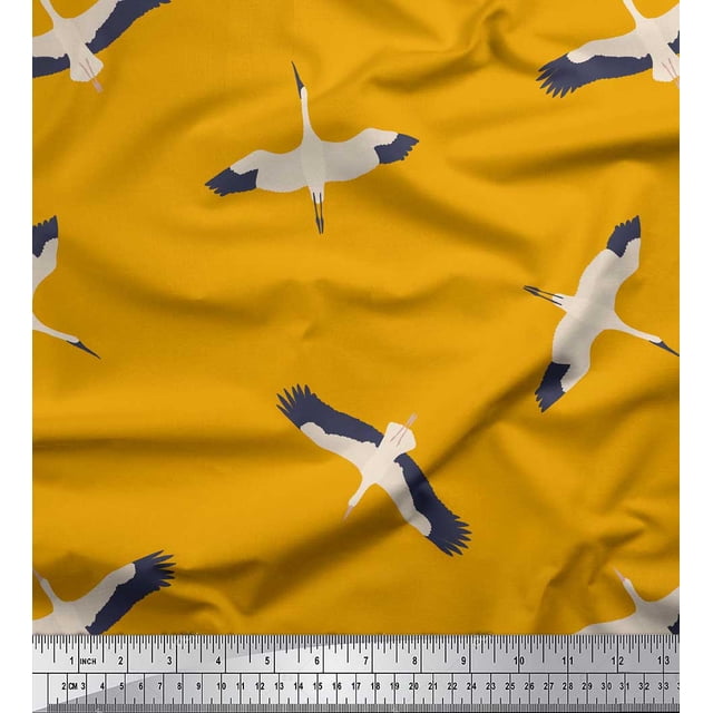 Soimoi Gold Poly Georgette Fabric Flying Stork Bird Print Fabric by Yard 52 Inch Wide