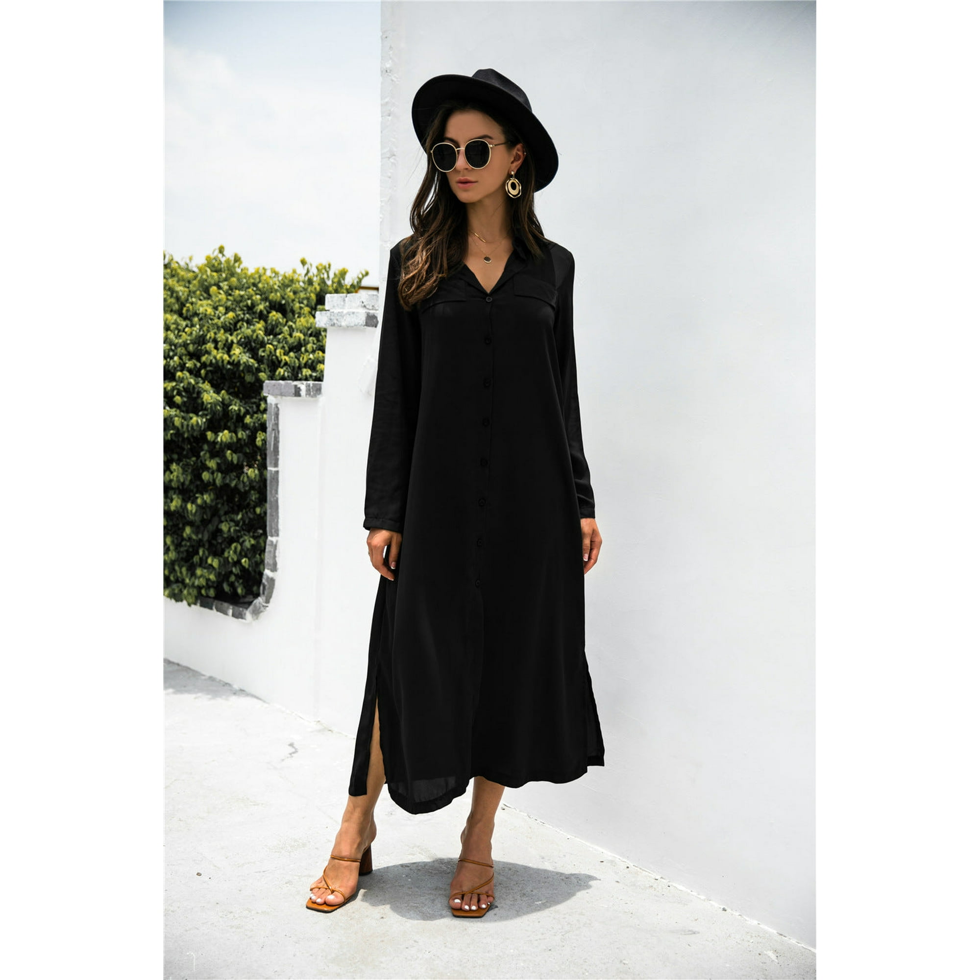 Button Down Ankle Length Shirt Dress - Walmart.com