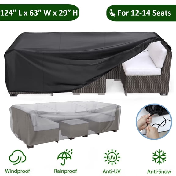 Patio Furniture Cover Waterproof, Heavy Duty Outdoor Furniture Cover, Couch Sectional Sofa Set Cover, Black Patio Table Cover Fits, 124 in x 63 in x 29in