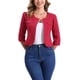 thumbnail image 1 of CHAQUETA DE JEAN CORTA SIN CUELLO PARA MUJERES CON MANGAS 3/4 EN BURDEOS TALLA M, 1 of 6