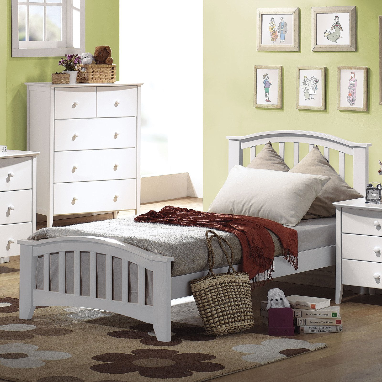 ACME San Marino Twin Panel Bed with Slat System in White, Multiple