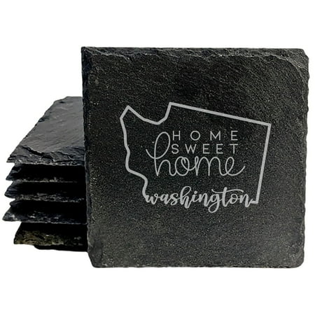 

Coasters Set of 4 - Square 4 - Laser Etched Washington State Design - Home Sweet Home - Perfect Gift for Holidays Birthdays Housewarming - Made in - Natural Edge