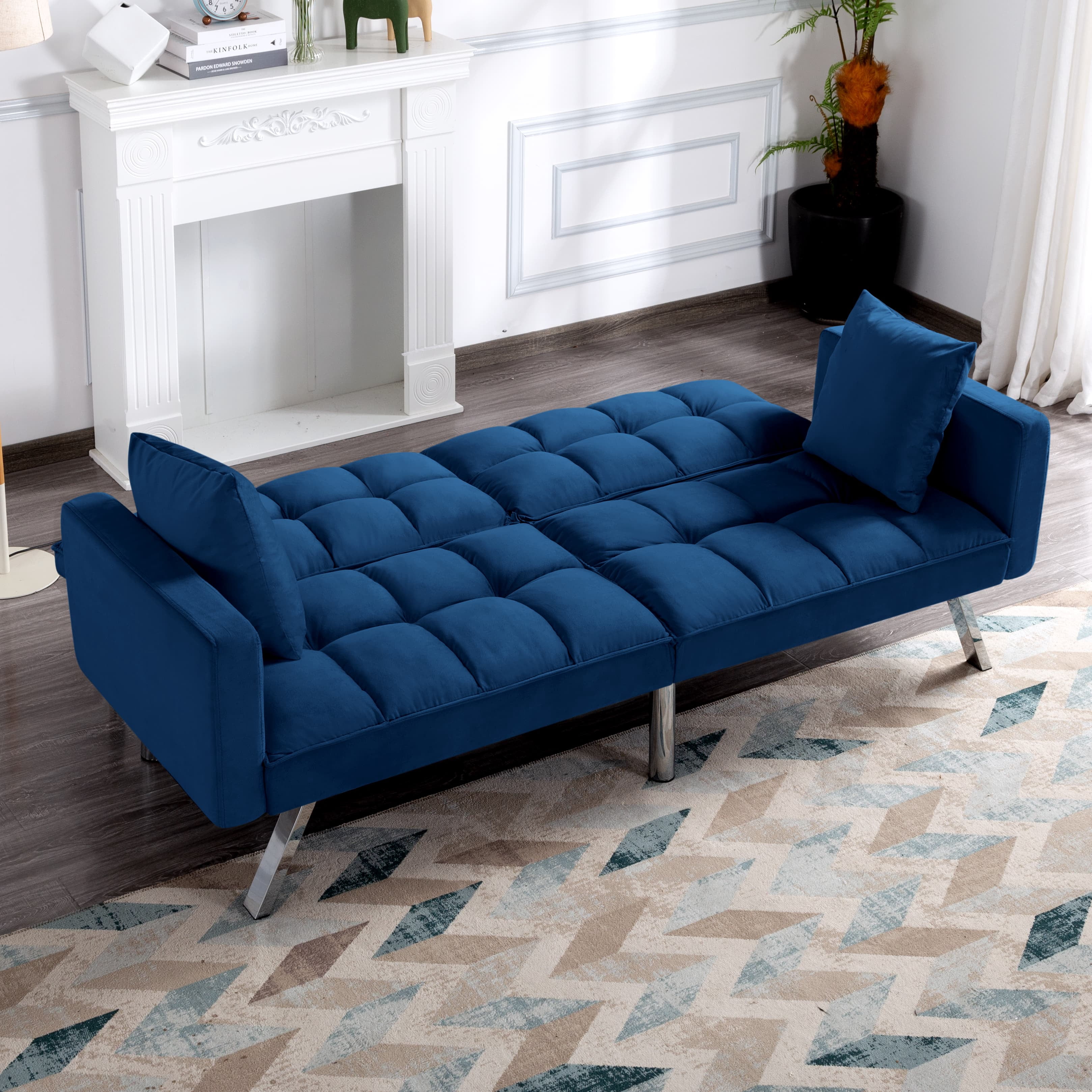 BSHTI Modern Velvet Futon Sofa Bed,Upholstered Tufted Convertible Sofa Sleeper with 2 Pillow(Blue)