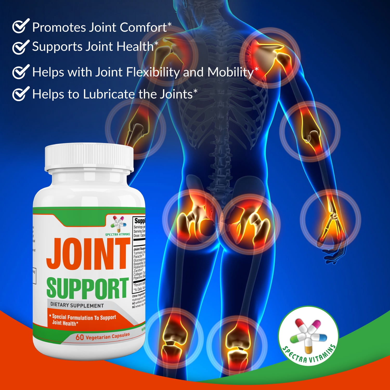 Spectra Vitamins JOINT SUPPORT Supplement with Glucosamine and Turmeric, 60 Capsules