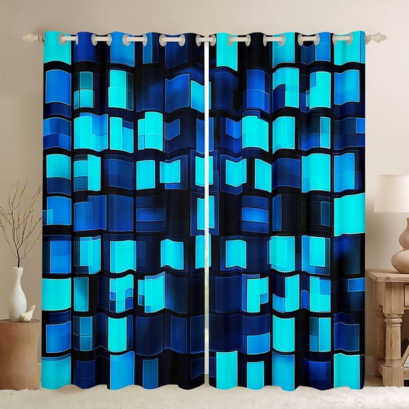 Feelyou Cartoon Pixelate Miner Curtains Pack of 2 (42x84 Each), Blue Square Abstract Curtains Blackout, Fashion Honeycomb Bedroom Curtains, Window Curtains Home Decor