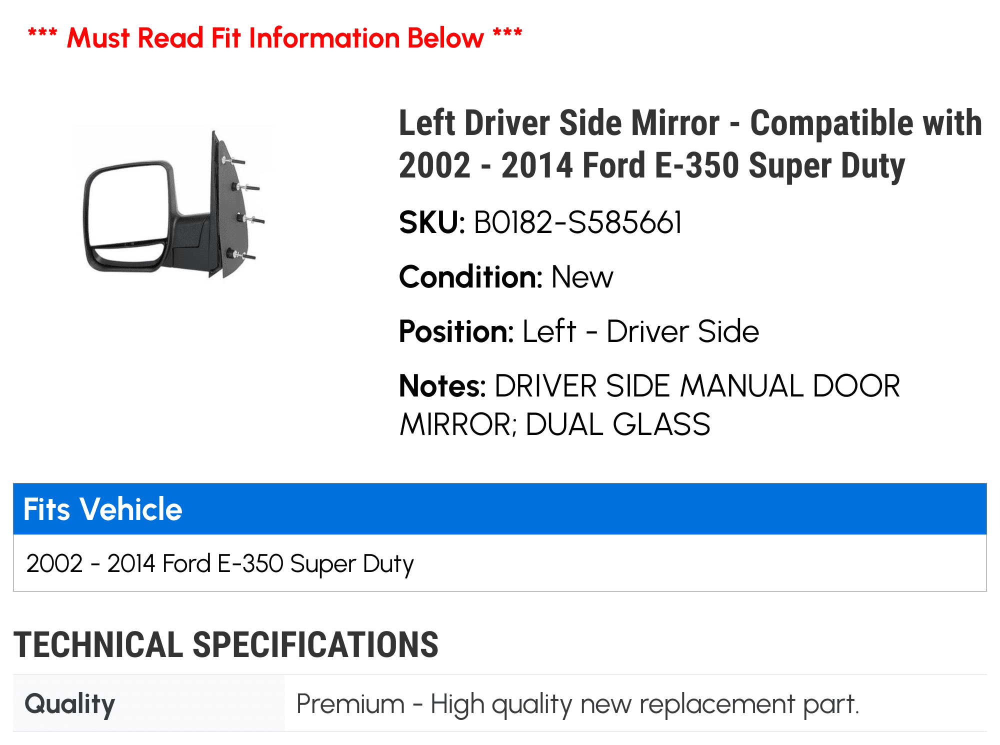 Left Driver Side Mirror - Compatible with 2002 - 2014 Ford E-350 Super Duty 2003 2004 2005 2006 2007 2008 2009 2010 2011 2012 2013