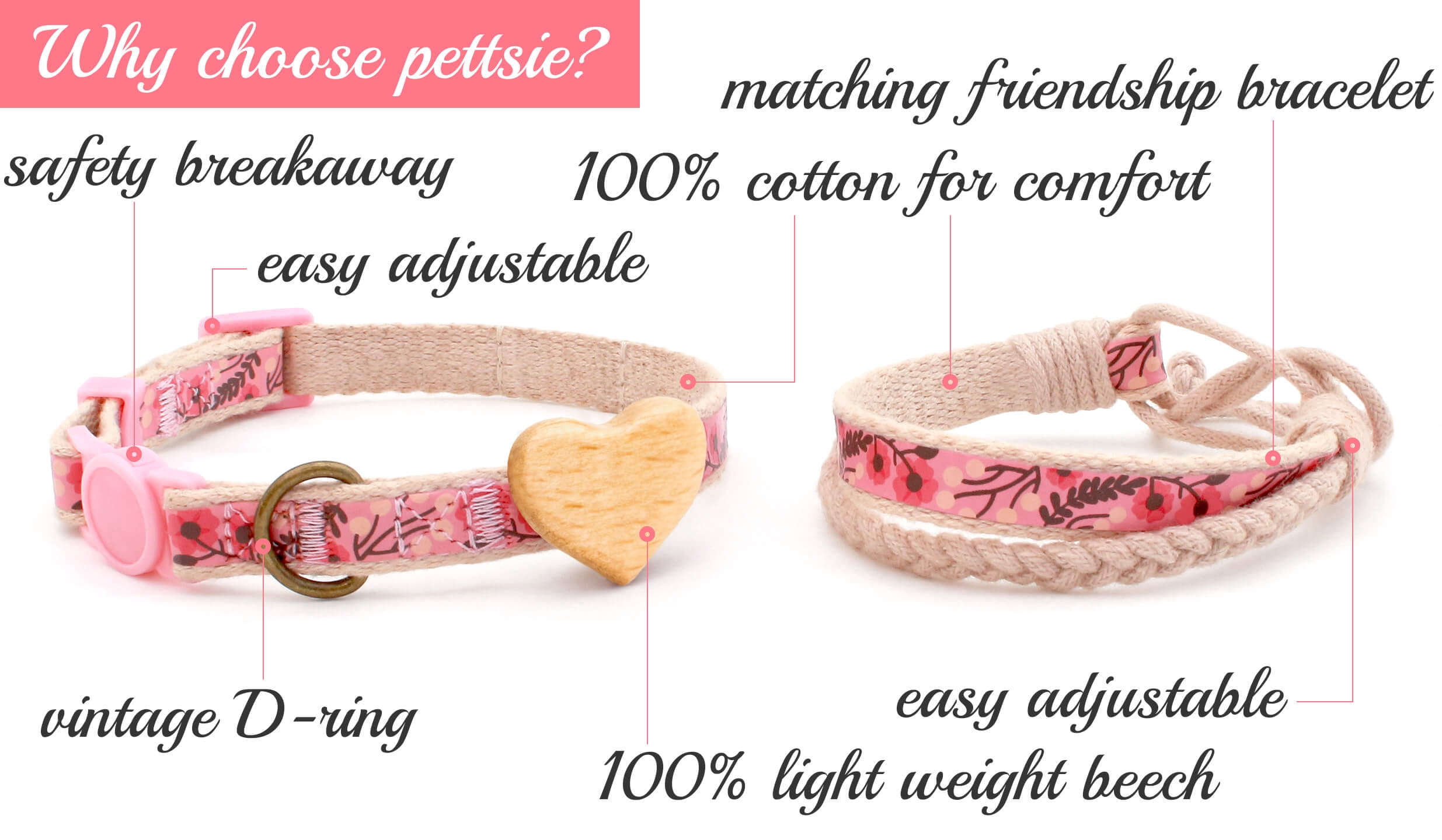 Pettsie Pink Breakaway Cat Collar Heart and Matching Friendship Bracelet in Earth-Friendly Gift Box