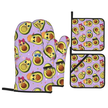 

Oven Mitts and Pot Holders 4 Piece Cartoon Avocados High Heat Slip Resistant Oven Mitt and Trivets Set Kitchen Oven Glove Pot Holders for Cooking Baking Grilling