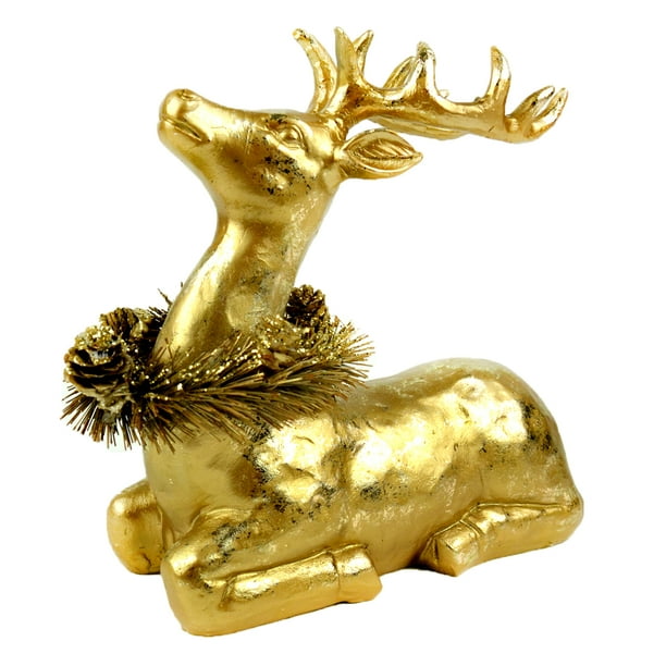 8" Metallic Gold Laying Down Reindeer with Wreath Around Neck Christmas
