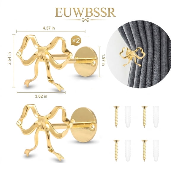 2 Pcs 4.37*2.64in Curtain Holdbacks Wall Mounted Metal Bow Curtain Tieback with Screws Accessories for Girls Bedroom Living Room Home Decor