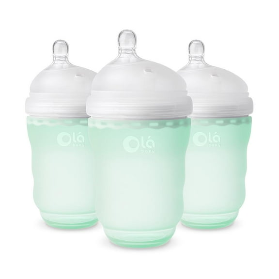 Olababy Gentle Silicone Baby Bottle, Anti-Colic, BPA free, Easy to Clean and Wide Neck Baby Bottles Best for Breast Feeding Babies 3 Piece Set (8 Ounce, Mint)