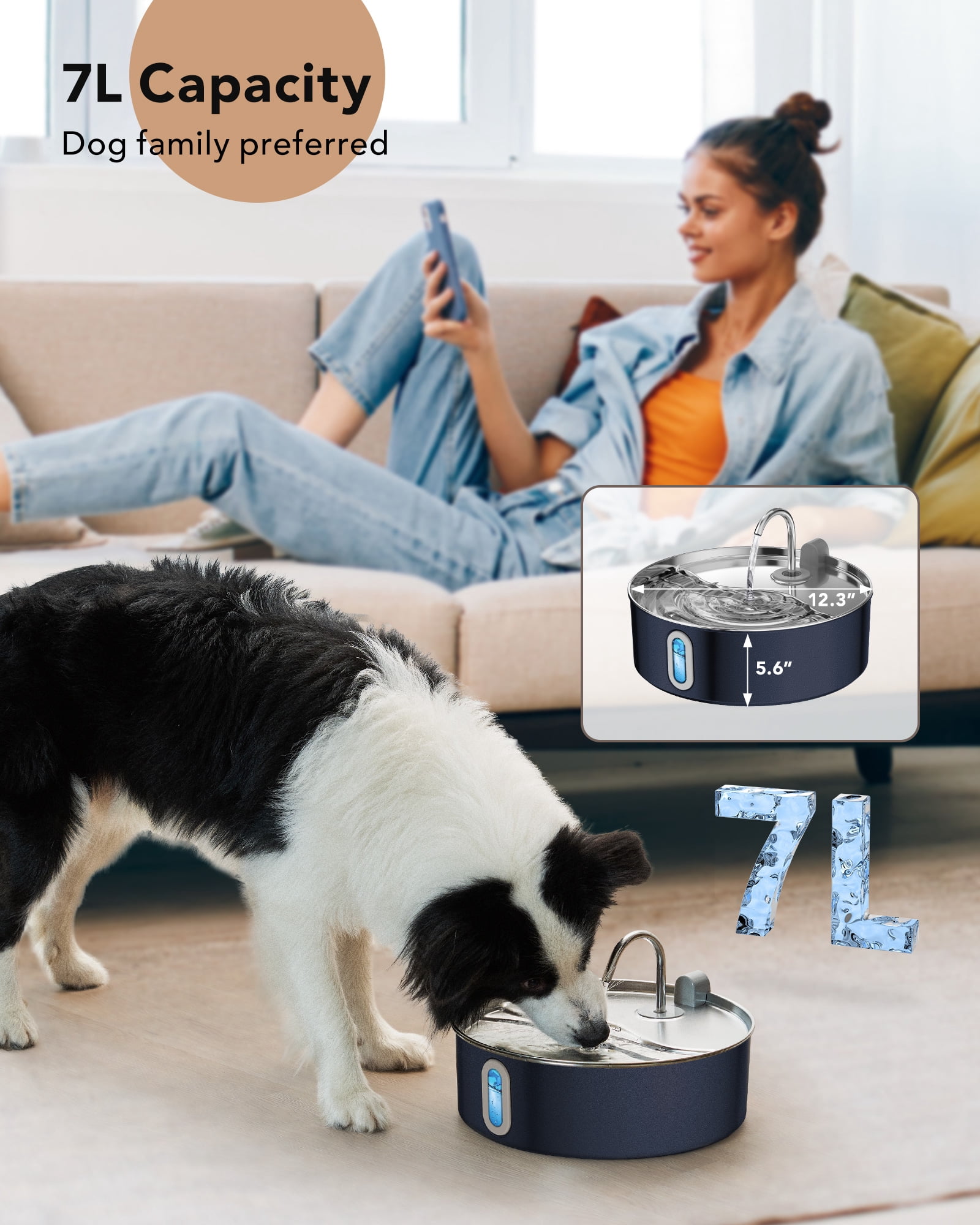 Dog Water Fountain for Large Dogs, 7L/236oz/1.8G Stainless Steel Pet Water Dispenser with Multi-Filtration, Automatic Dog Water Bowl Fountain for Inside - Navy