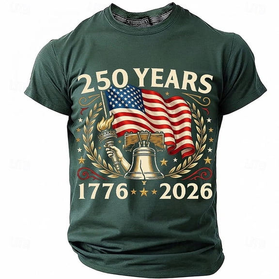 Men’s 250 Years of America 1776-2026 Patriotic T-Shirt, Short Sleeve Liberty Bell Flag Graphic Classic Celebration Top Tee