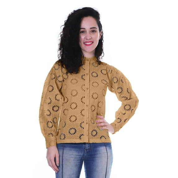 Moomaya Womens Button Down Top Solid Schiffli Cotton Full Sleeve Casual Summer Kurta Shirt