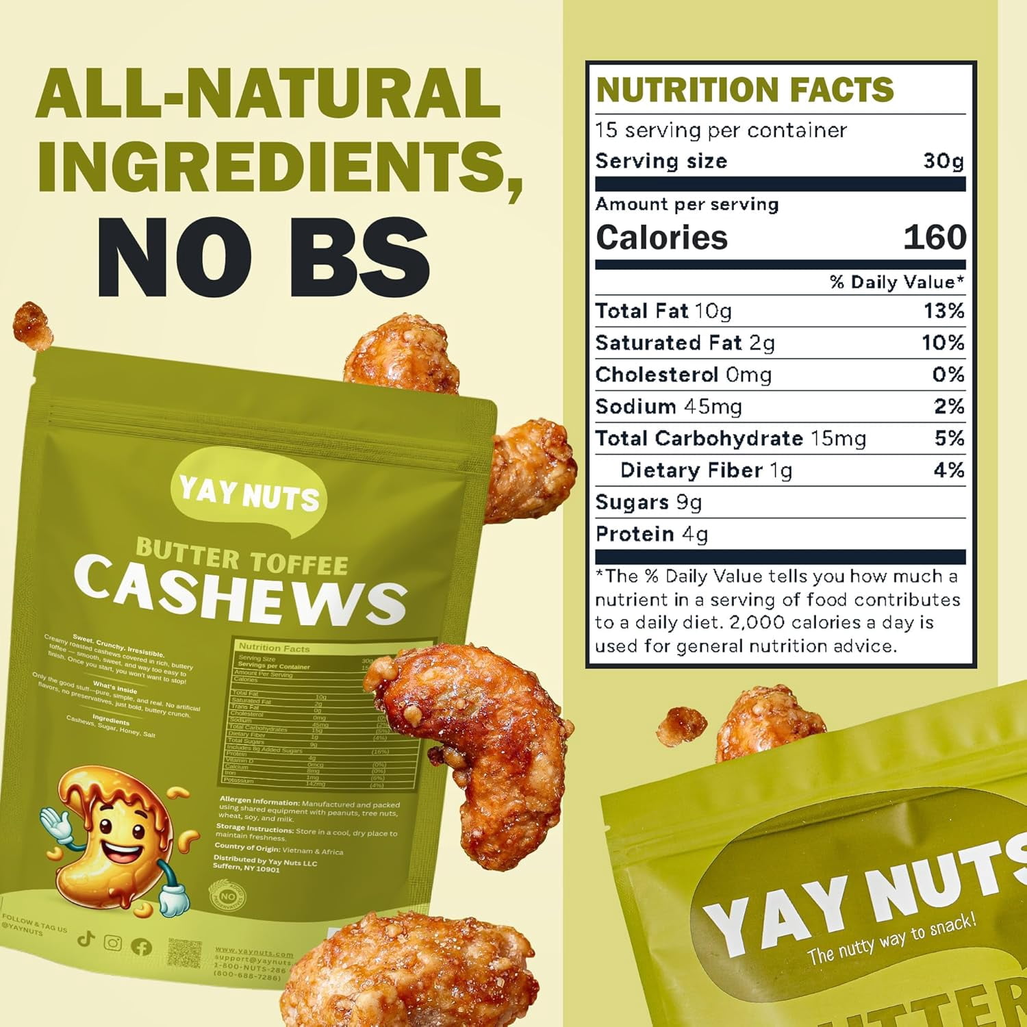 Yay Nuts Butter Toffee Cashews, Sweet and Crunchy Gourmet Snack, 1 lb Resealable Bag