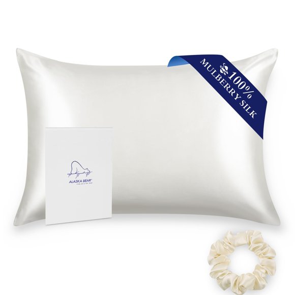 ALASKA BEAR - Natural Silk Pillowcase, Hypoallergenic, 19 Momme, 600 Thread Count 100 Percent Mulberry Silk, Standard Size with Hidden Zipper (1, Ivory(Natural Undyed White))