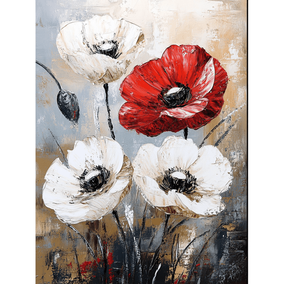 Red and White Poppies Floral Oil Painting Decoration/Canvas Art, Suitable for Living Room, Bedroom, Bar, Restaurant.