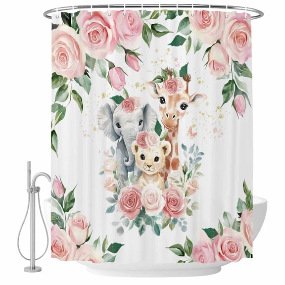 Elephant Giraffe Lion Shower Curtain, Waterproof Shower Curtains for Bathroom, Botanical Flowers Leaves Animals Washable Fabric Bathtub Curtain Set Bath Decor with 12 Hooks Long 72"x84"