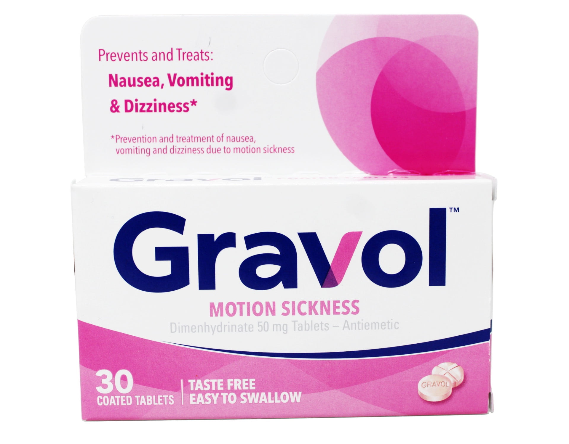 Gravol Motion Sickness Relief and Nausea Prevention, Easy to Swallow Coated Tablets, Anti-Nausea Medication Travel Essentials, 50 mg, 30 Count - 2 Pack