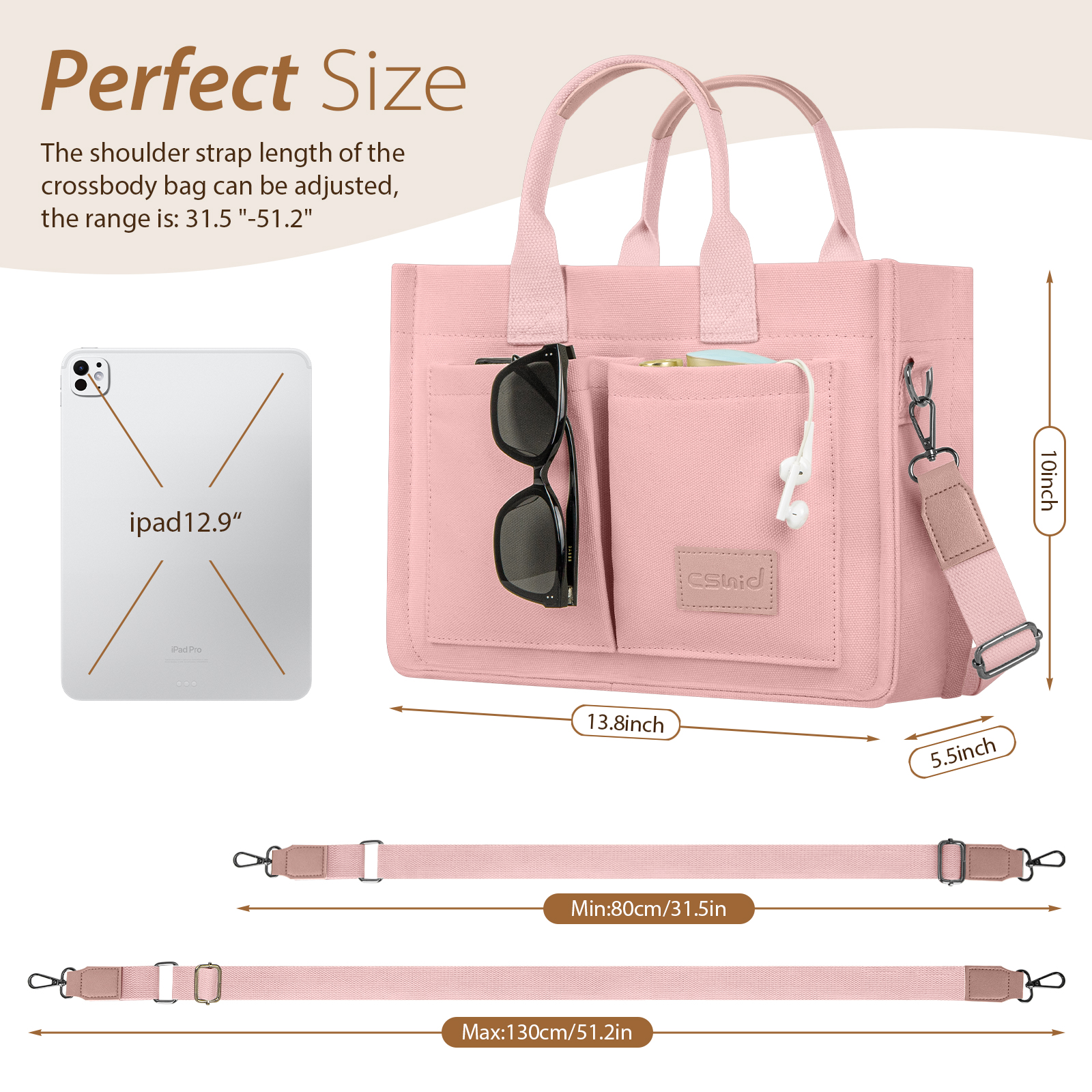 Cshidworld Canvas Tote Bag with Pockets, Pink photo 7