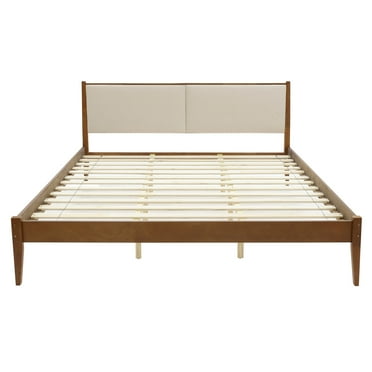 LuxenHome Modern Beige Upholstered Headboard and Wood Frame Platform Bed Set, King