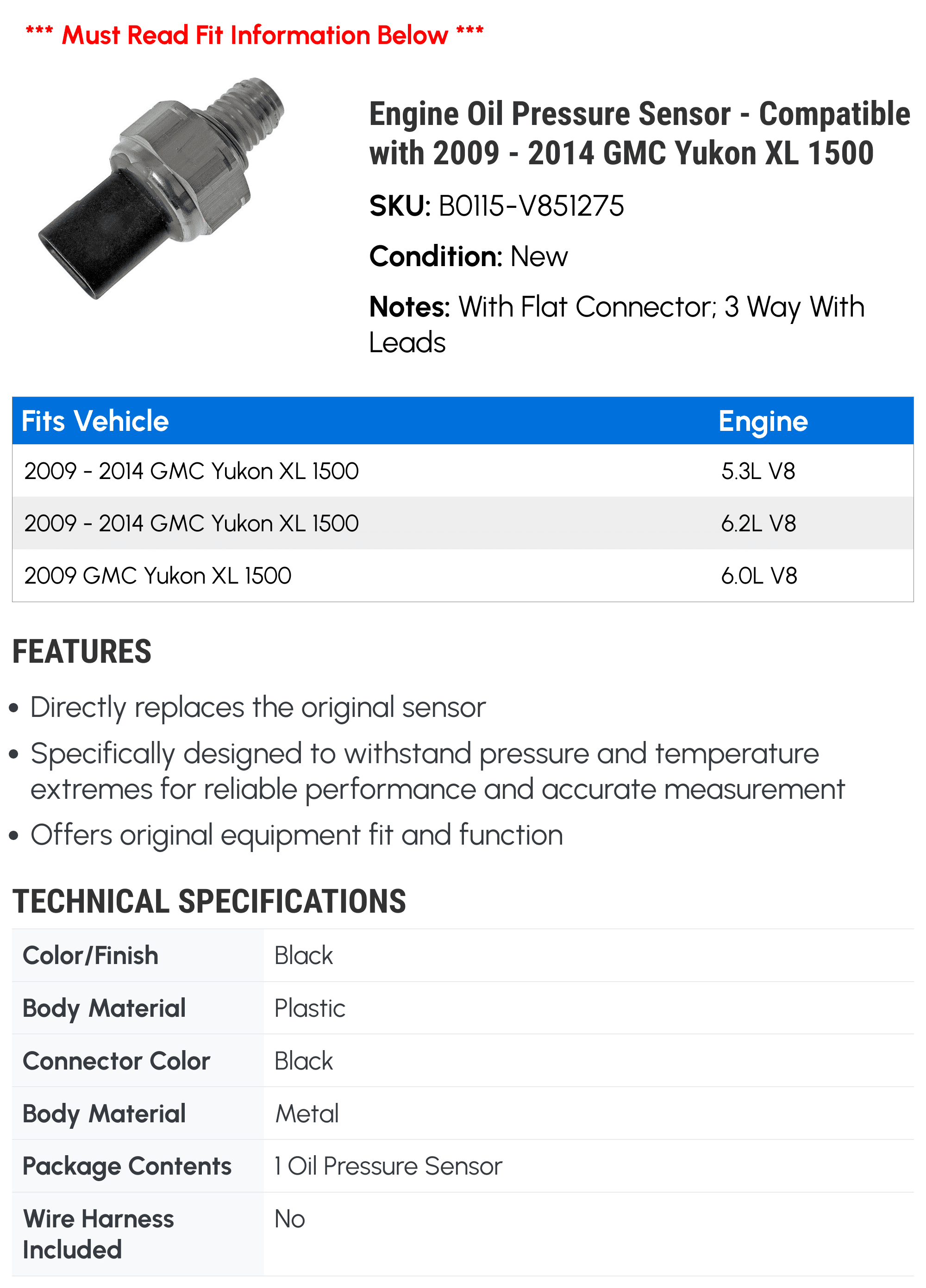 Engine Oil Pressure Sensor - Compatible with 2009 - 2014 GMC Yukon XL 1500 2010 2011 2012 2013