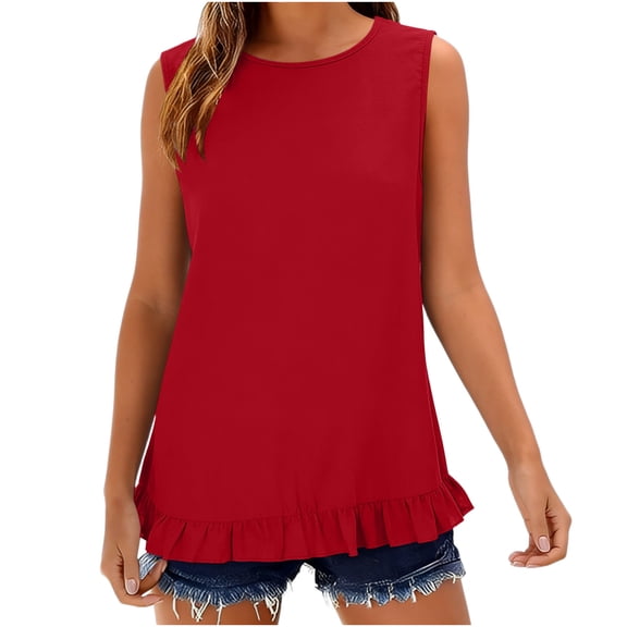 fatyb Women's Tank Tops Ruffle Hem Sleeveless Tshirts Crewneck Casual Plain Lightweight Summer Blouses