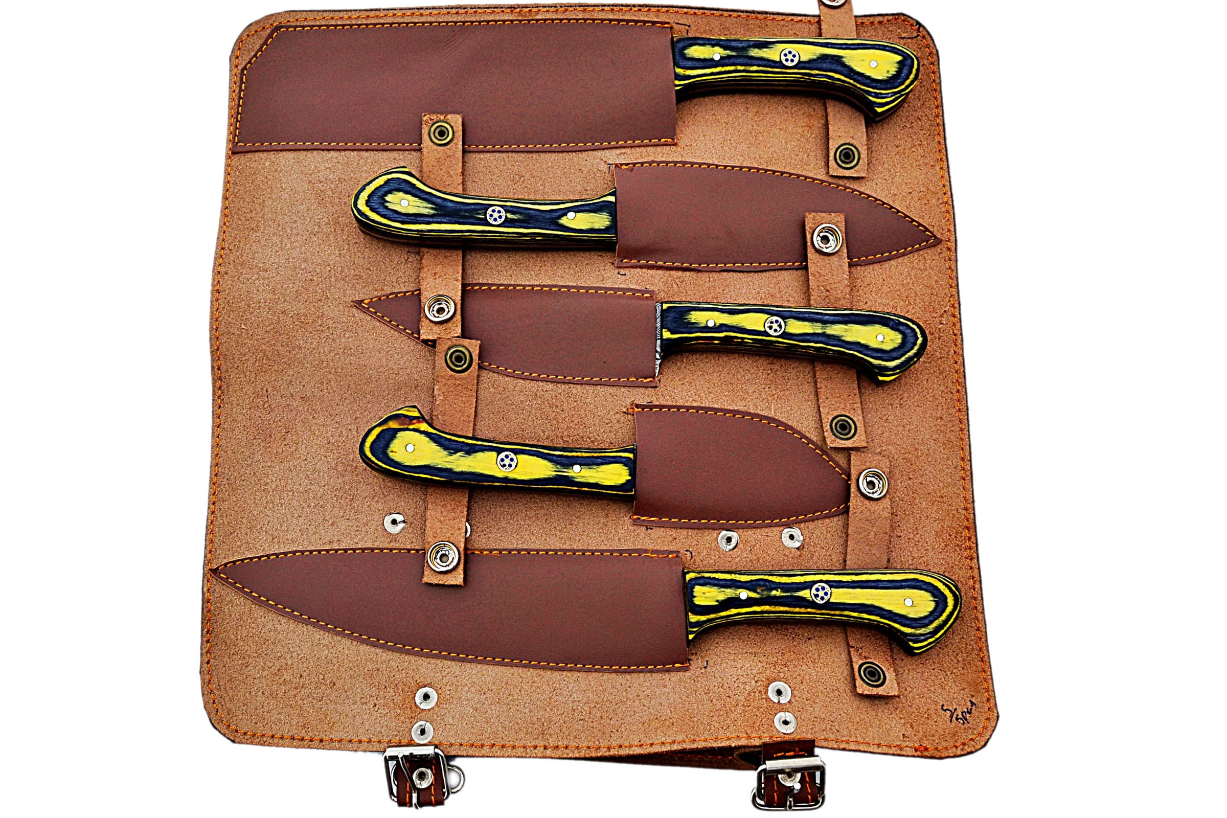Smart & Sharp Custom Handmade Damascus Chef Knives Set/Kitchen Knives 5 Pieces Set 17306 (Yellow and Black)