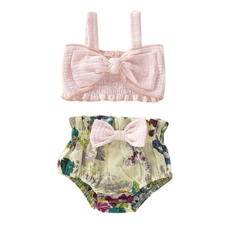 

Newborn Girl 2 Pieces Outfit Solid Color Crop Tank Tops Floral Print Shorts Set