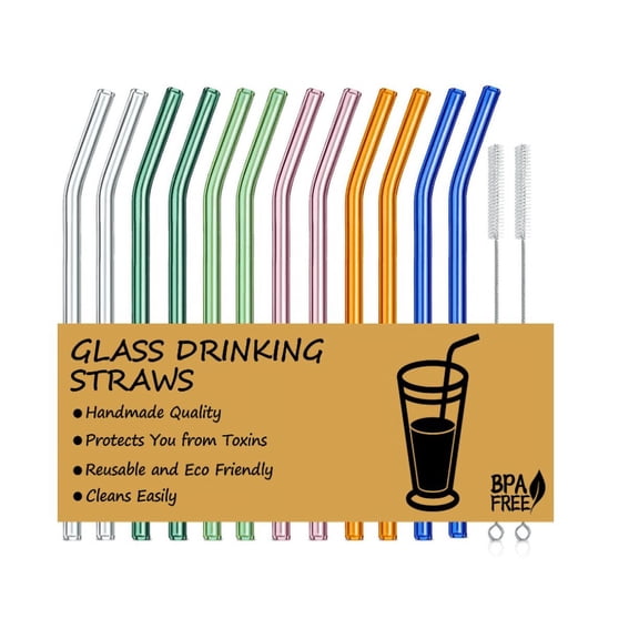 Glass Straws, Reusable Bent Glass Drinking Straws with 2 Cleaning Brushes, Reusable Straws for Smoothies, Milkshakes, Juice(Multicolor, 12 Pack)