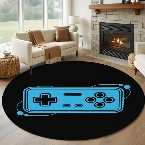 Round Rugs 5Ft, Blue Game Handle Round Area Rug Washable Indoor Throw Carpet, Video Gamer Console Earphones Black Soft Non Slip Circle Rug for Cabinet Bathroom Home Decor Aesthetic