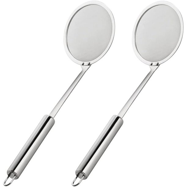 2 cucharas para desnatar grasa de olla caliente, colador de malla fina de acero inoxidable 304 con mango largo, grasa desnatada y espuma (4 pulgadas)