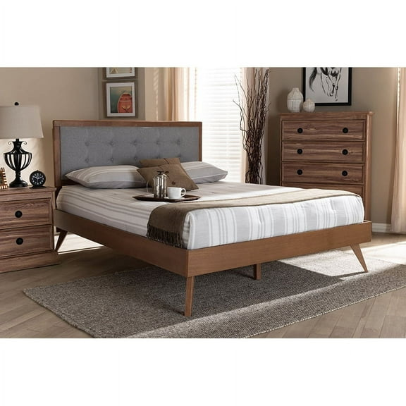 Baxton Studio Ines Mid-Century Modern Light Grey Fabric Upholstered Walnut Brown Finished Wood Queen Size Platform Bed