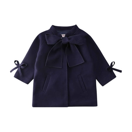 

Caitzr Girls Thermal Solid Color Coat Navy Blue Bow Knot Thickened Jacket