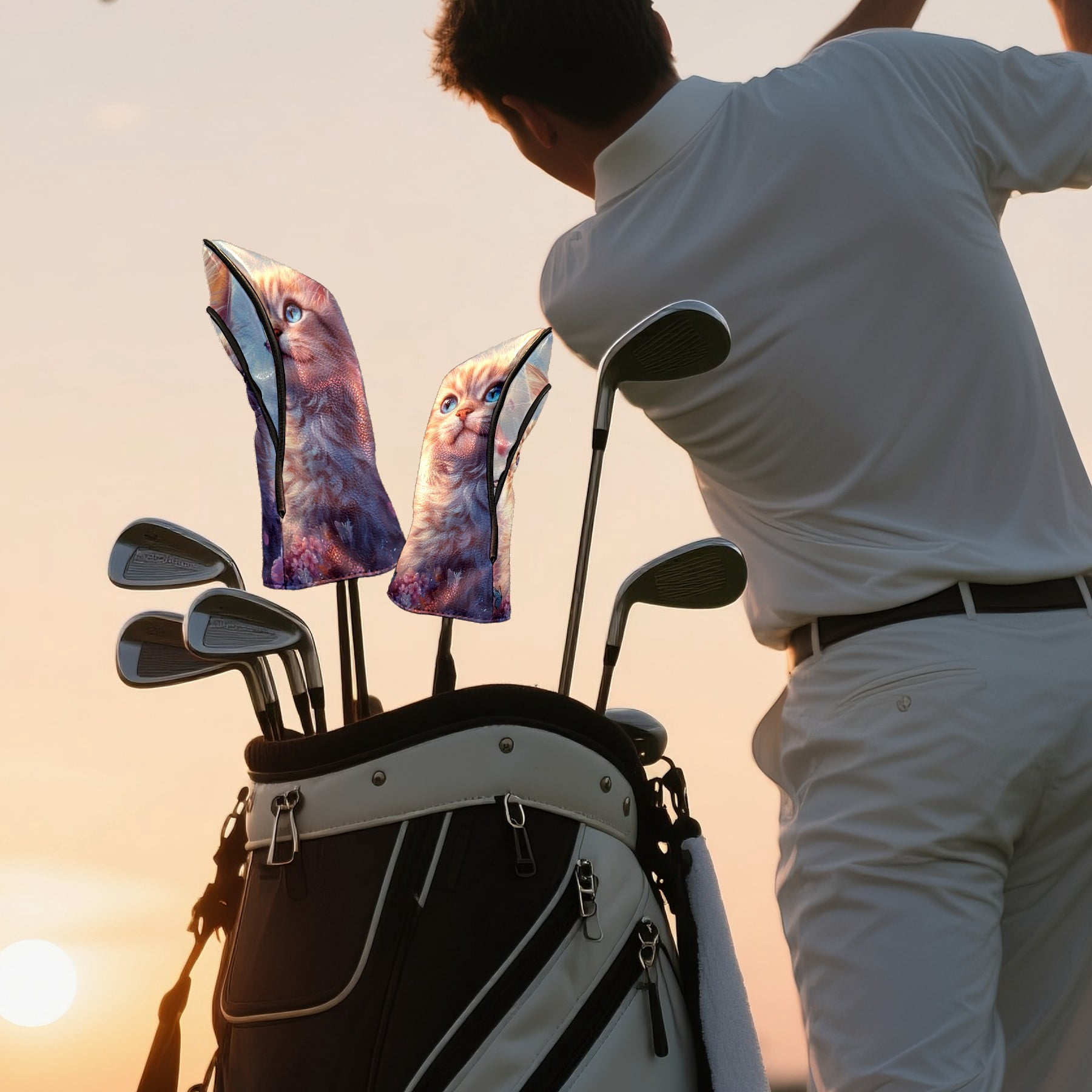 Golf Club Covers PU Leather Waterproof Head Covers for Fairway Woods Hybrids Dream Cat Unisex Fits Most Brands