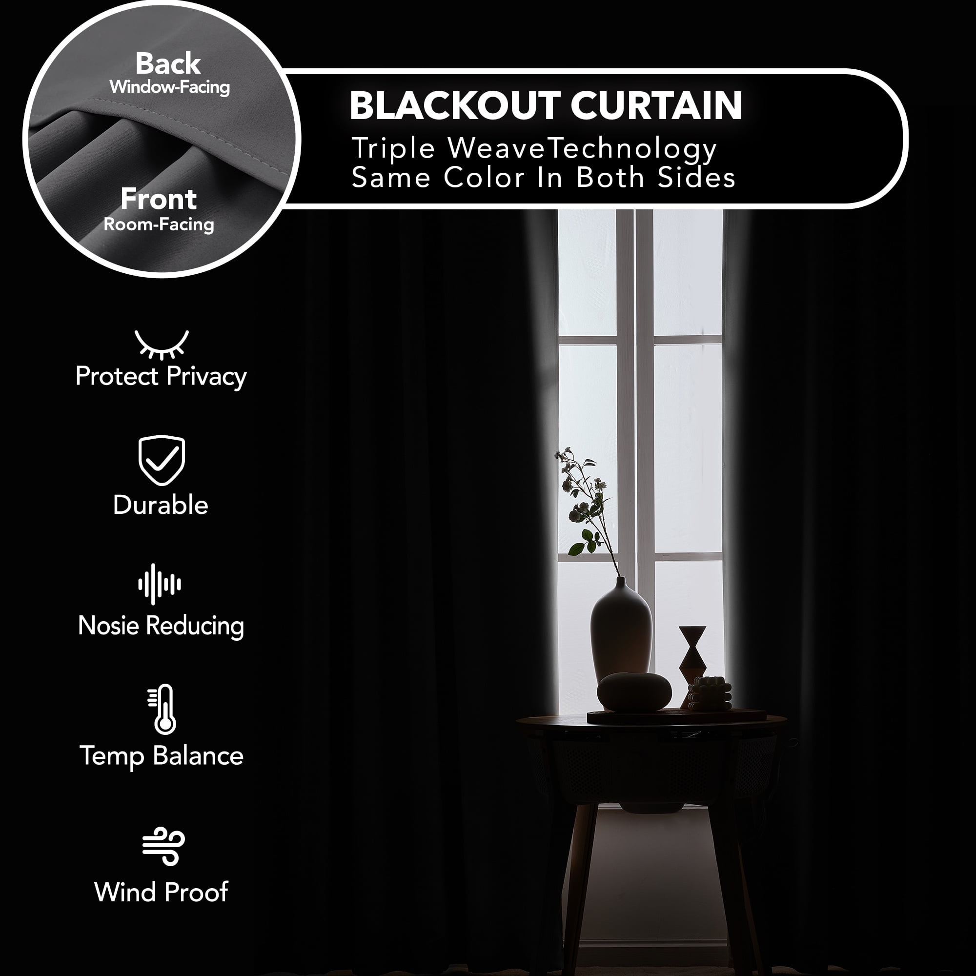 Deconovo Thermal Blackout Curtains with Back Tab for Living Room, Dark Gray, 2 Pieces, 38"x84"