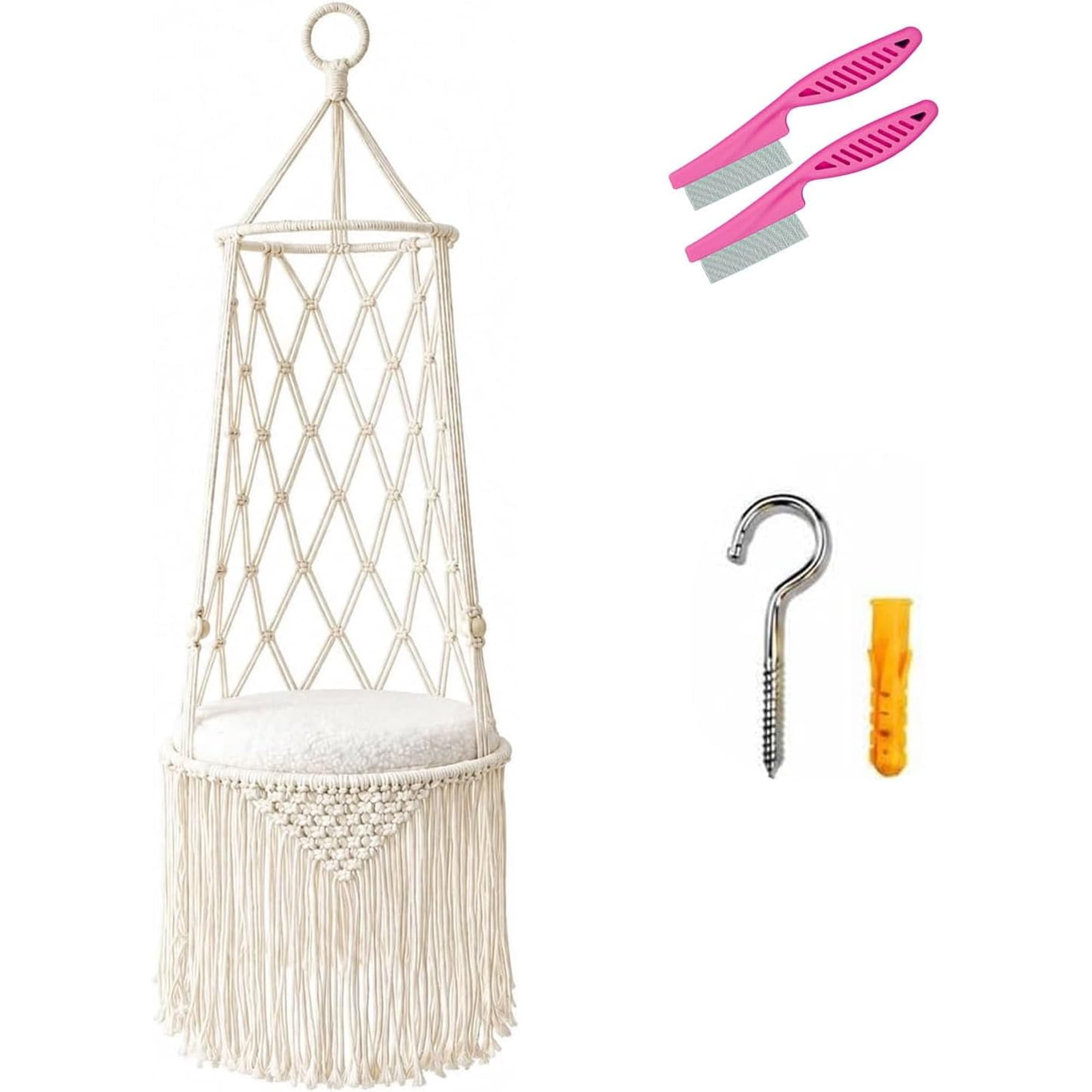 Macrame Cat Bed Hanging with Cushion Hook Boho Hammock Cat Swing for Cozy Elevated Rest Indoor Bed for Small Medium Cats,D:L for 11–22 lb